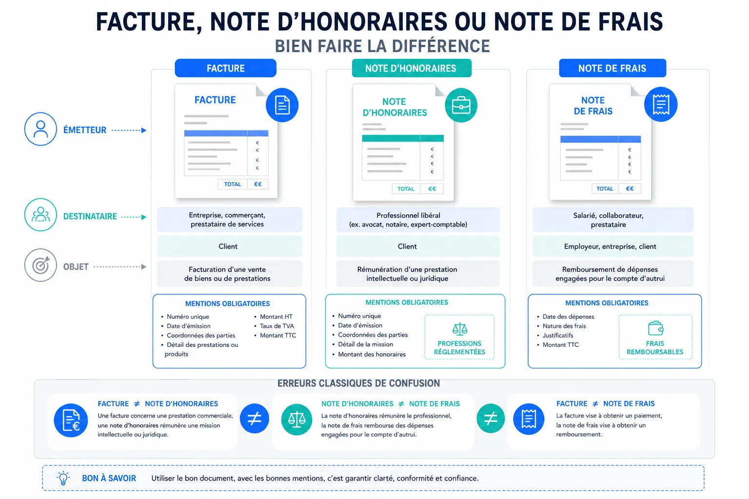 Facture, note d'honoraires, note de frais : ne pas confondre