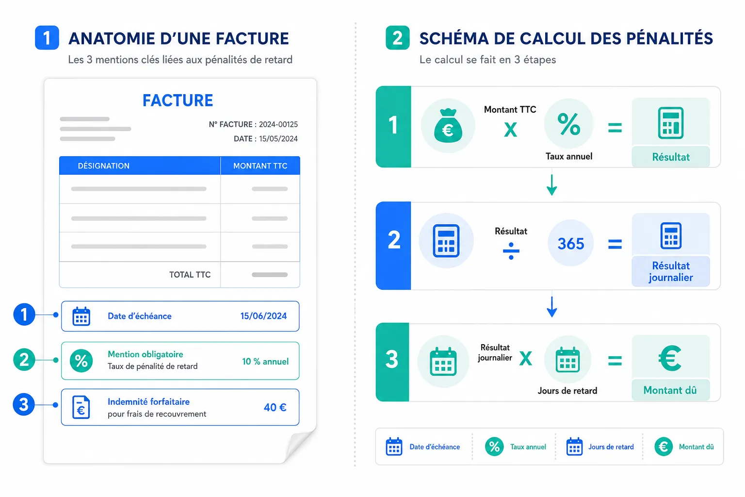 Pénalités de retard facture : calcul, mention, exemple