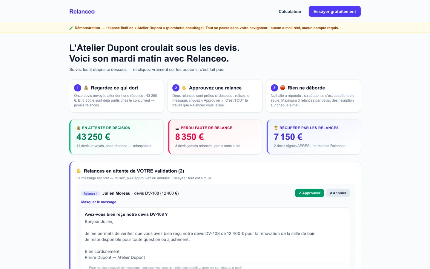 La démo Lienzor : relances en attente de validation, montants en attente de décision, boutons Approuver