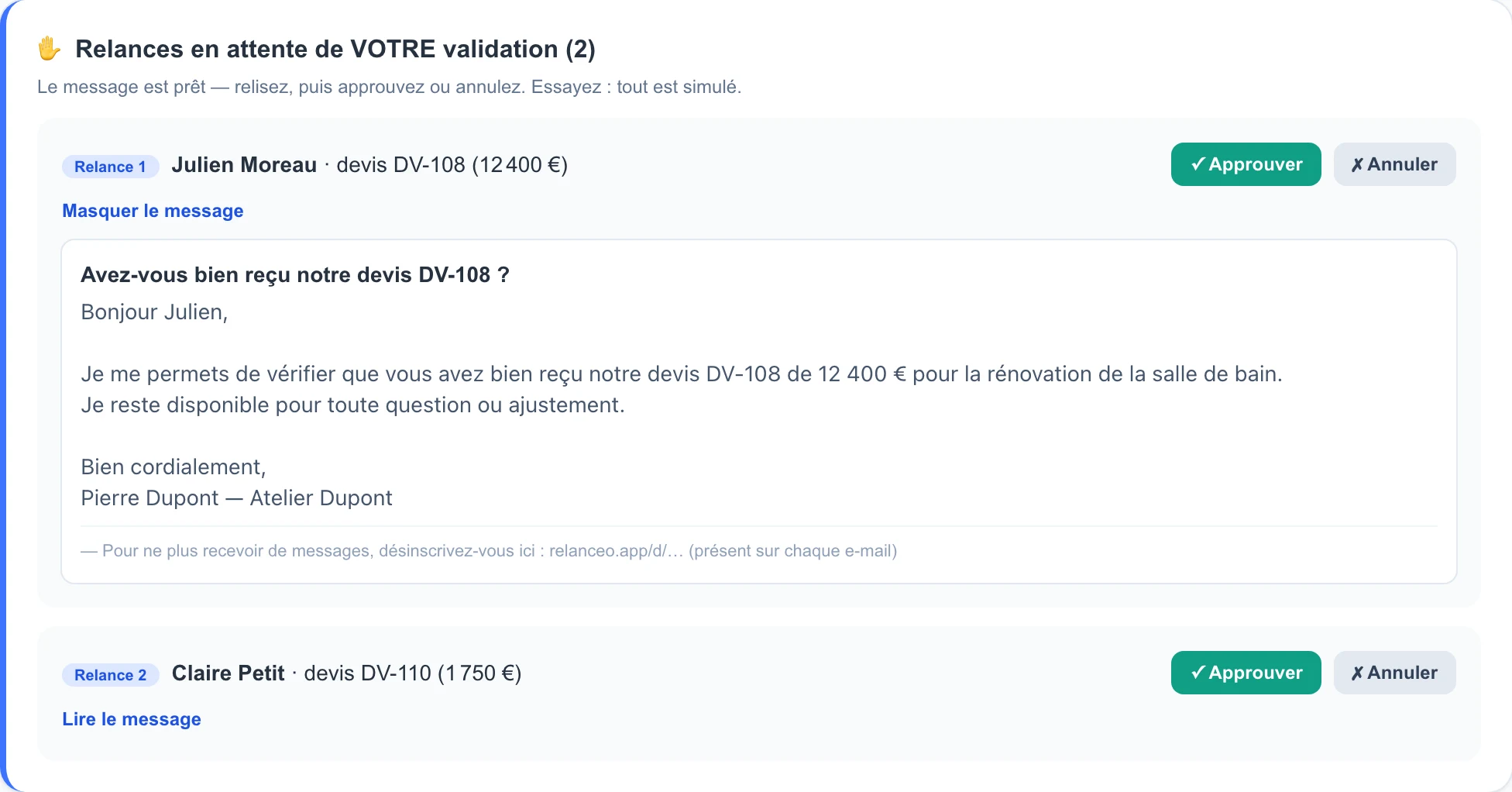 Une relance préparée par Lienzor, en attente de validation : le message est affiché en entier, avec les boutons Approuver et Annuler.